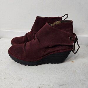 FLY London Size 6 Yebi Merlot Wine Suede Ruched Ankle Wedge Boots Tie Back